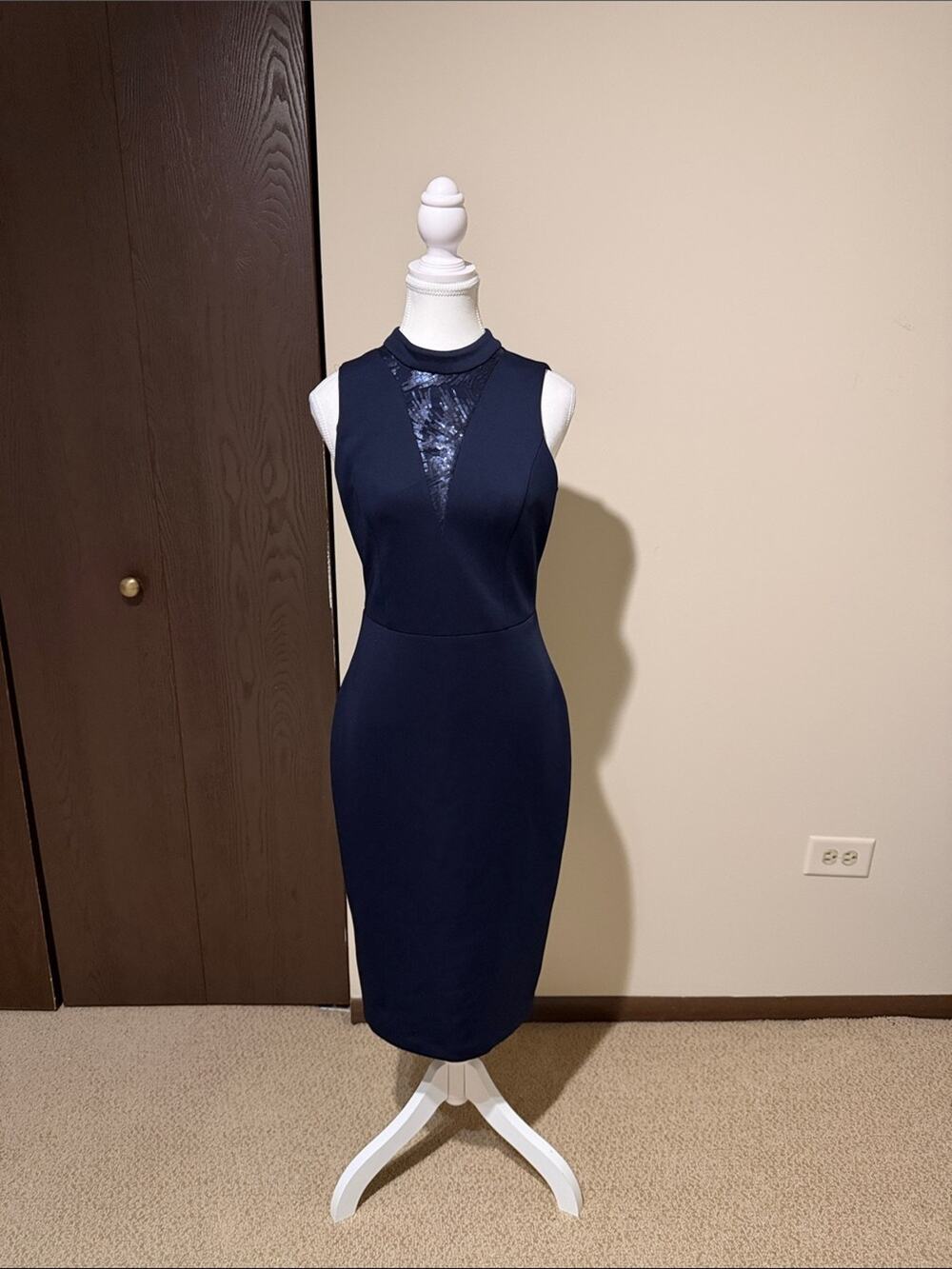 GUESS Navy Sleeveless Midi Dress with Lace Panel